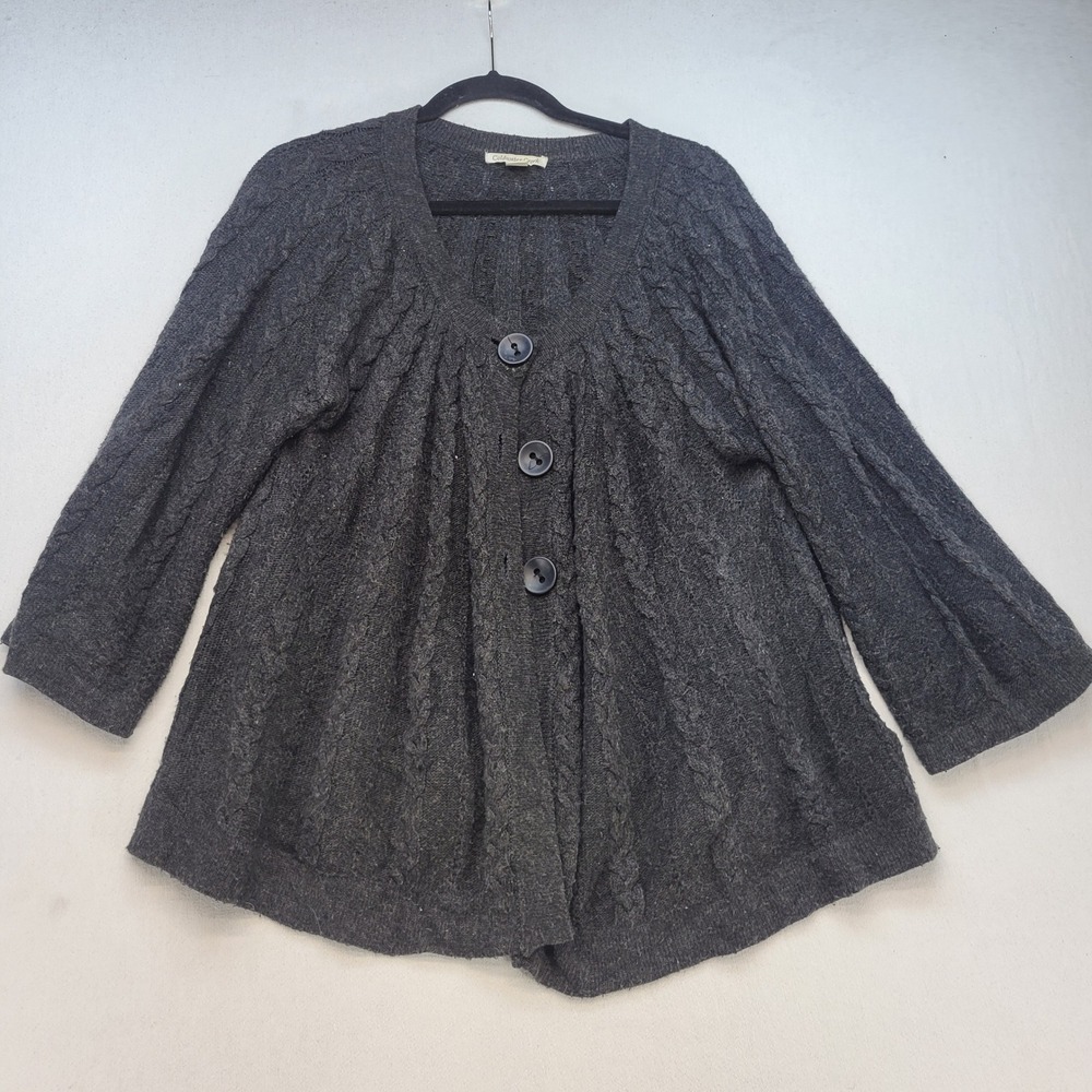 Coldwater Creek Cardigan Women XL Gray Babydoll Cable Knit Bell Sleeve Button